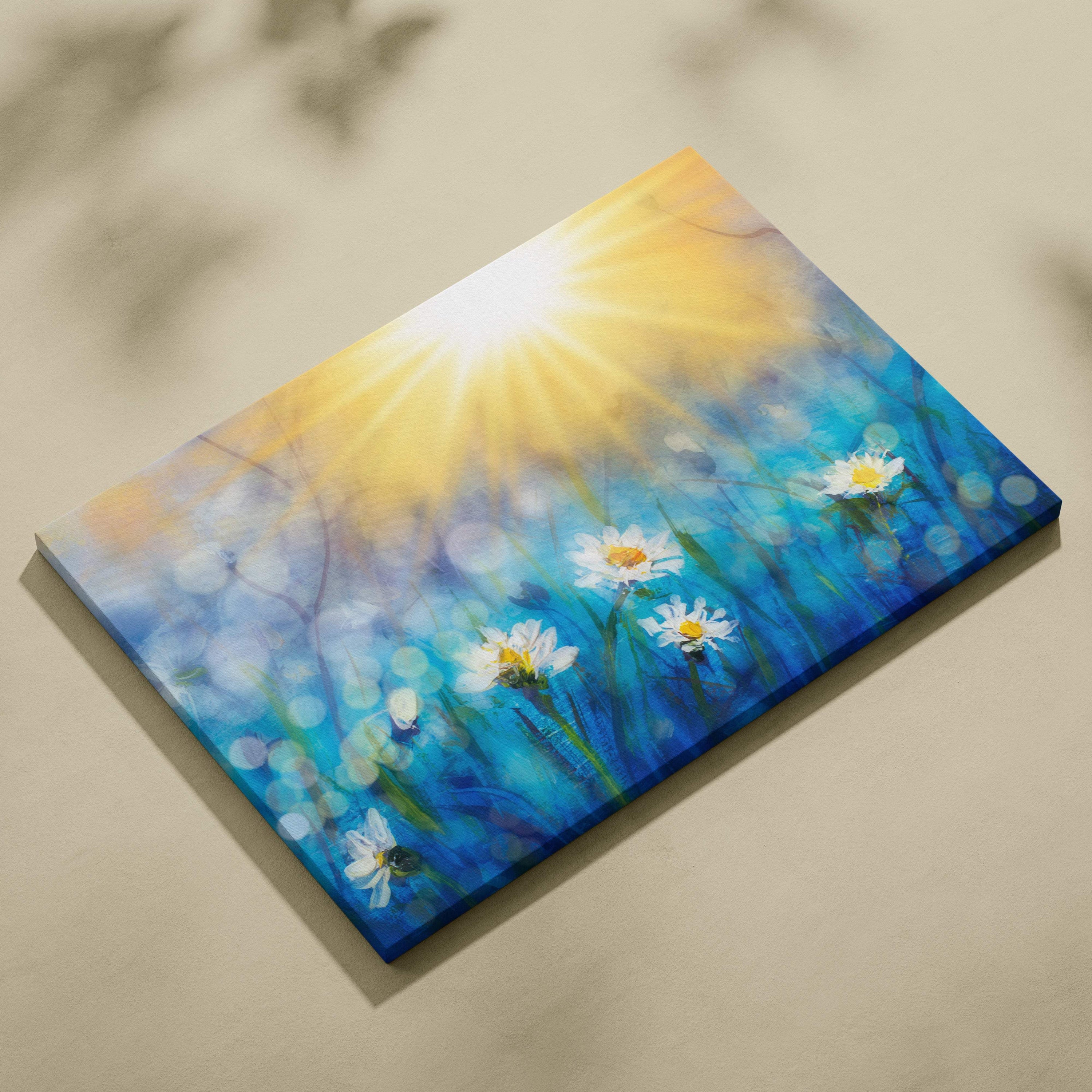 Sunlit daisy meadow canvas wall art featuring white daisies with yellow centers in a soft blue floral landscape
