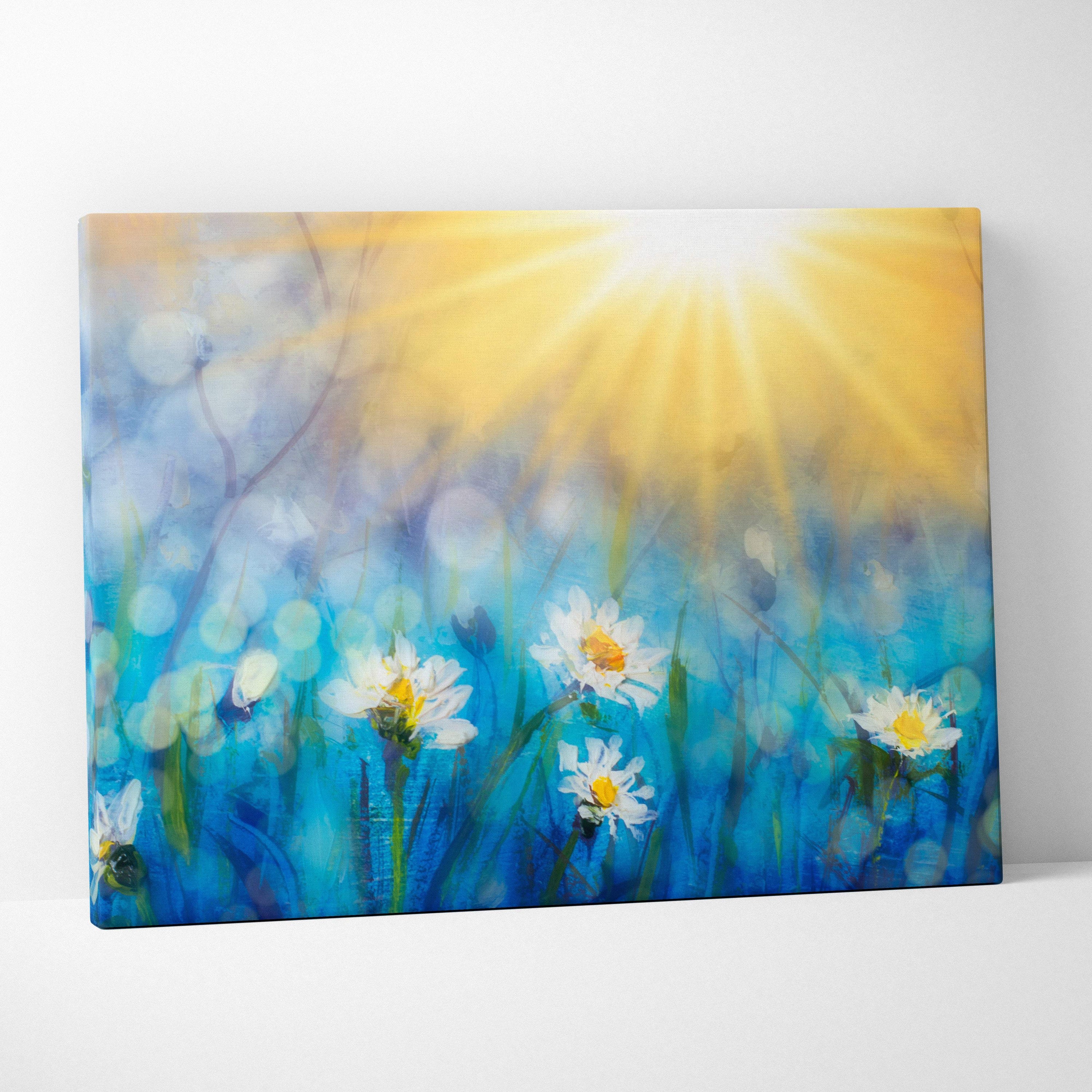 A vibrant sunlit daisy meadow canvas print with soft blue floral bokeh and golden light wall art landscape