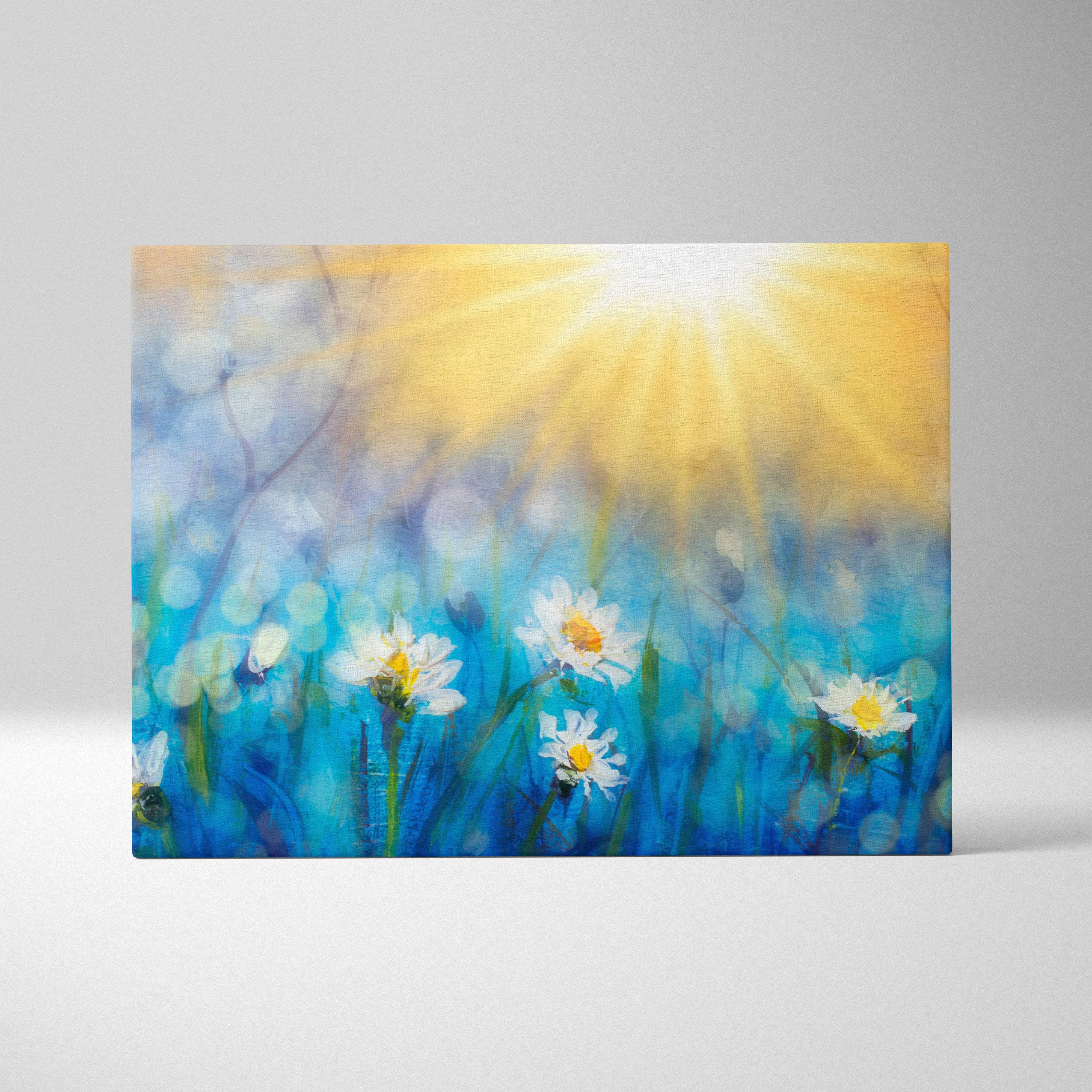 Sunlit daisy meadow canvas wall art featuring blue and white flowers with a radiant yellow sunburst background