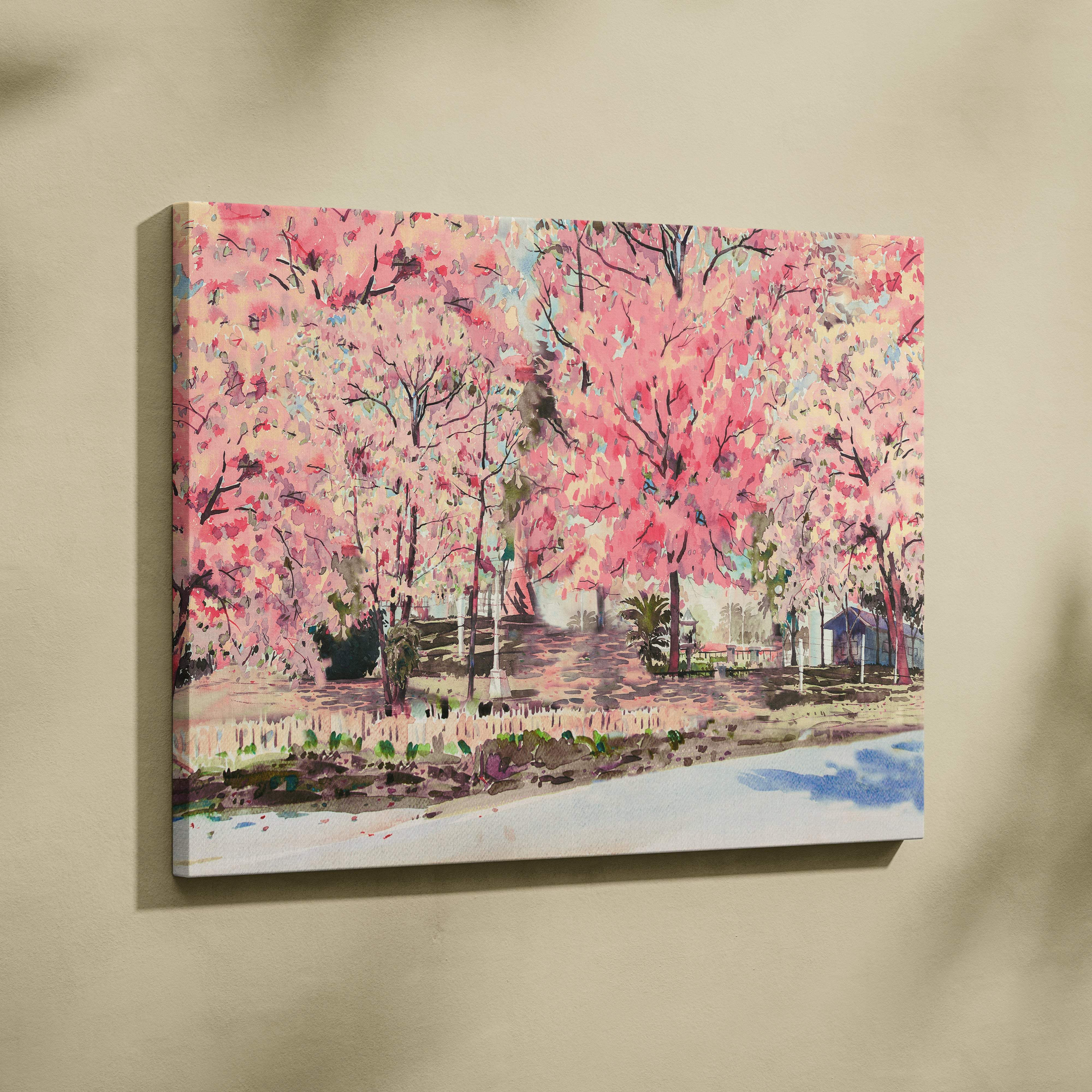 Rectangular canvas wall art featuring a vibrant pink cherry blossom tree in a soft watercolor park landscape design