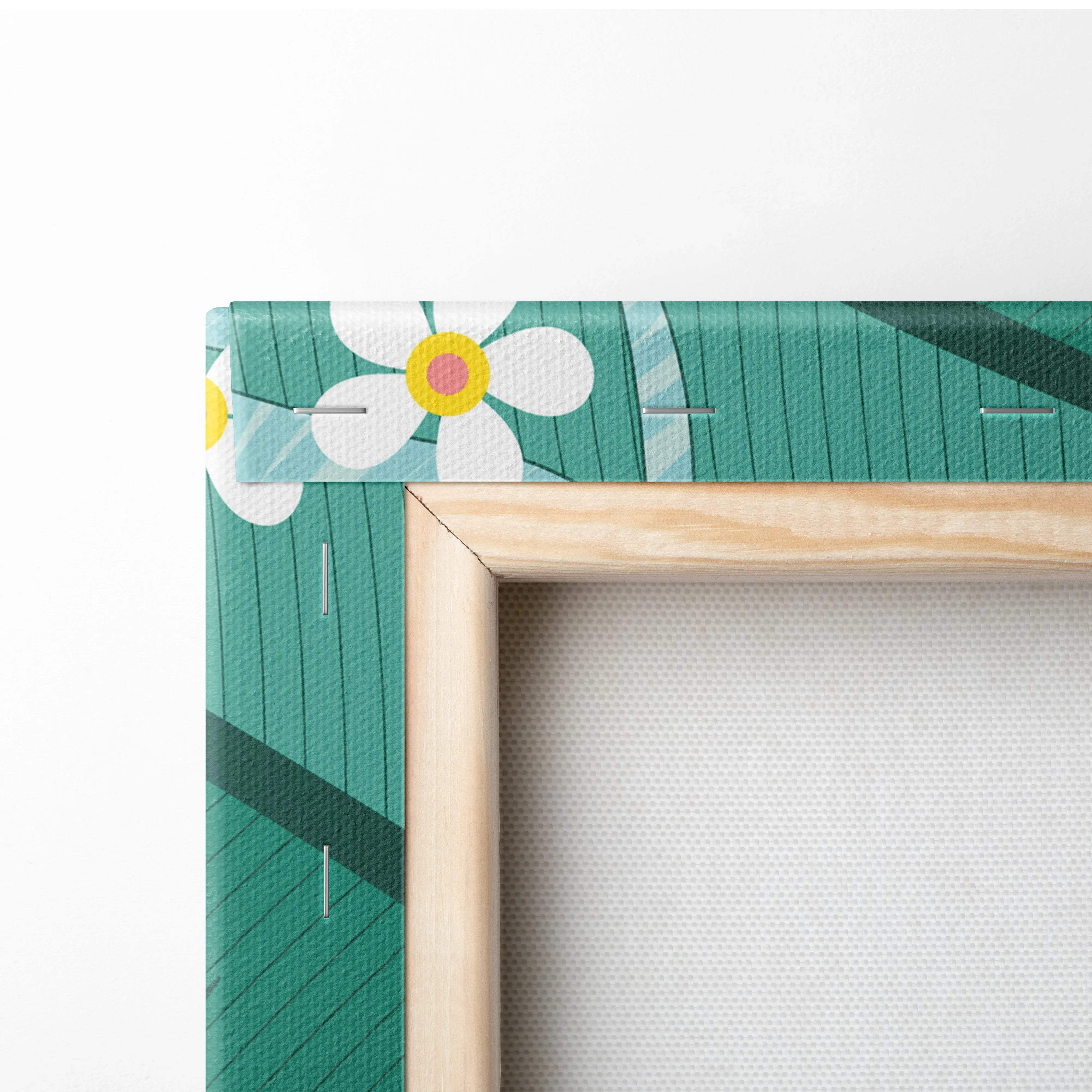 Framed cheerful floral canvas with daisies, stripes, flamingo pattern