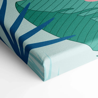 Stylized teal navy tropical leaf canvas print with flamingo pattern