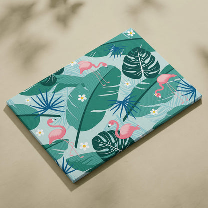 Tropical flamingo wall art with pink flamingos, palm leaves, flowers on teal background