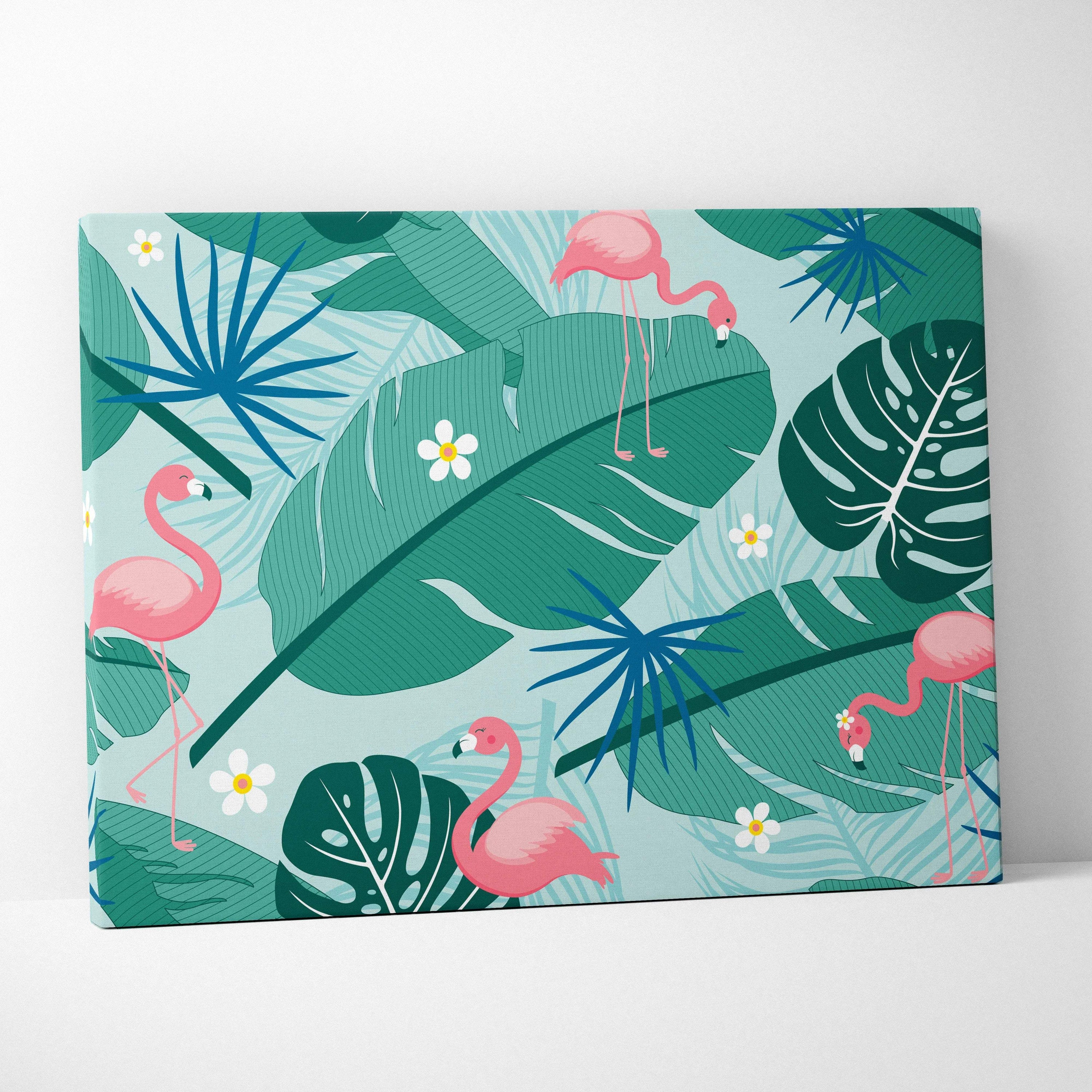 Tropical flamingo pattern wall art with pink flamingos, palm leaves, flowers on teal background