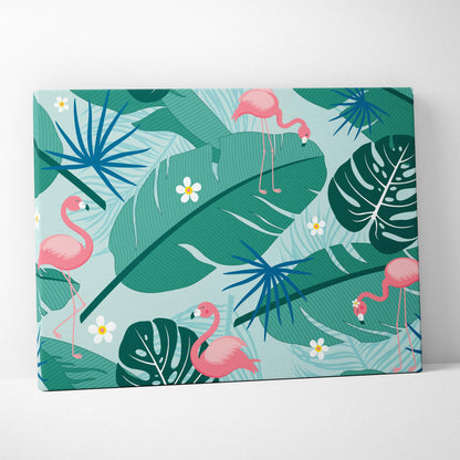 Tropical flamingo pattern wall art with pink flamingos, palm leaves, flowers on teal background