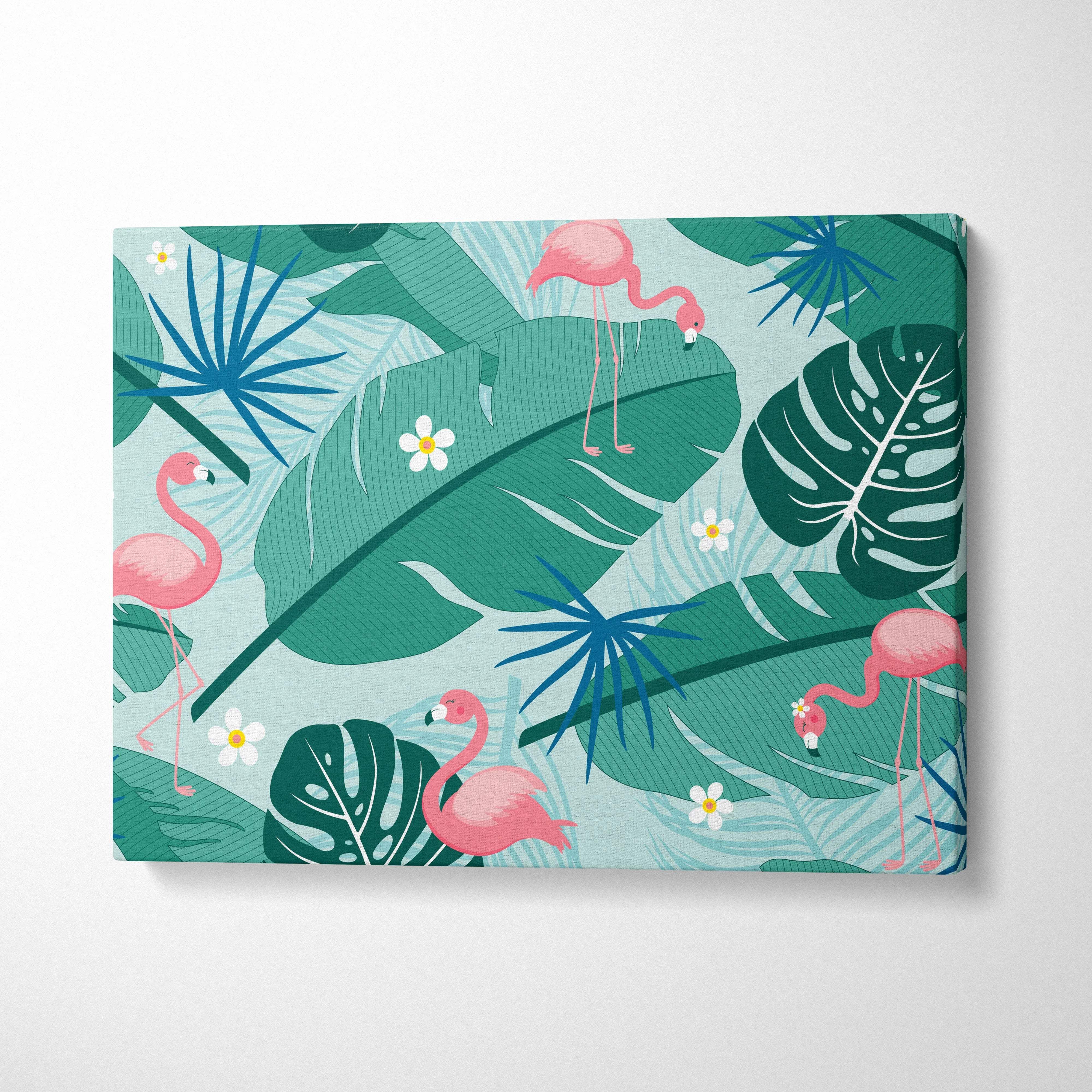 Vibrant tropical flamingo pattern wall art with pink flamingos, palm leaves, flowers on teal background