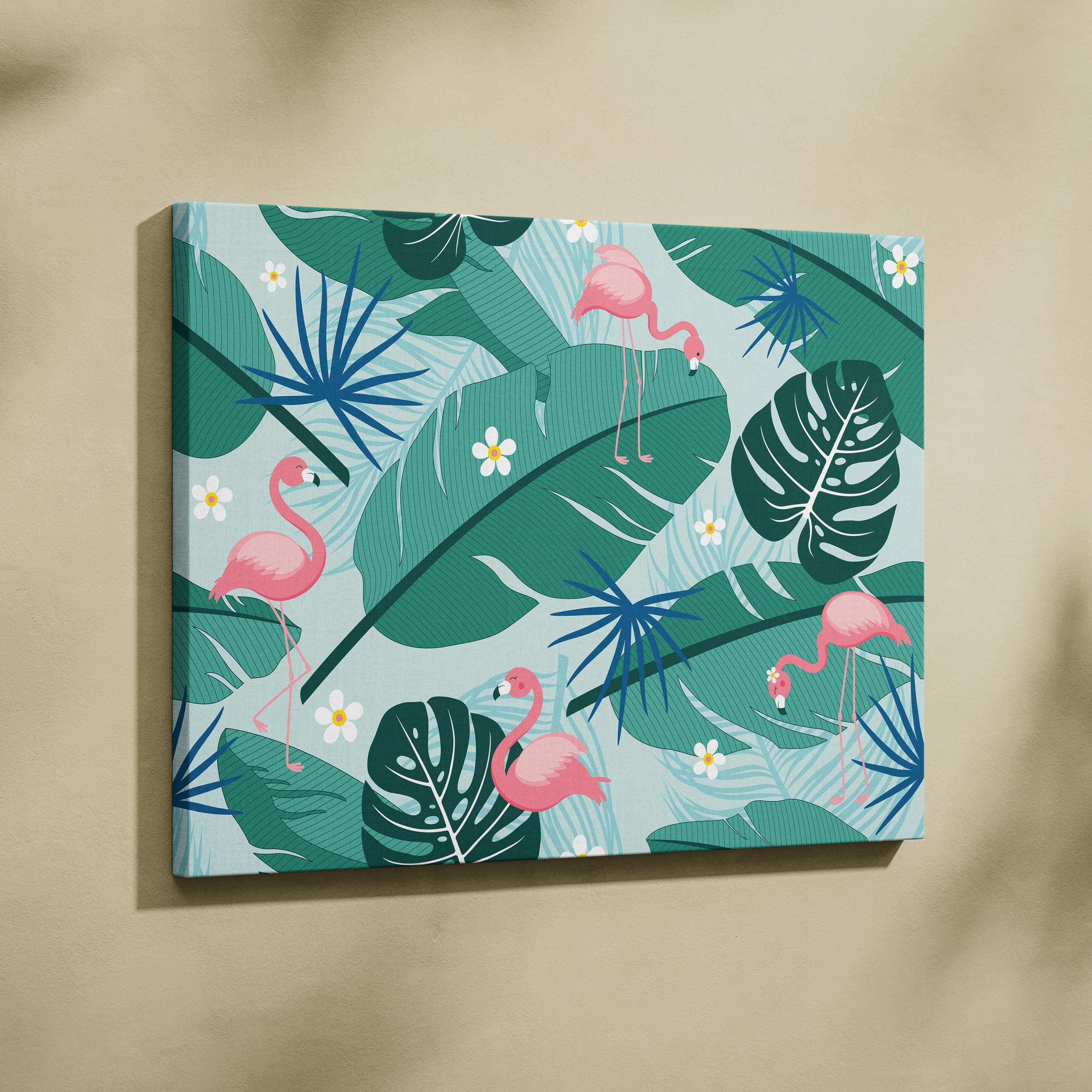Tropical flamingo pattern wall art with pink flamingos, teal palm leaves, green foliage, white flowers