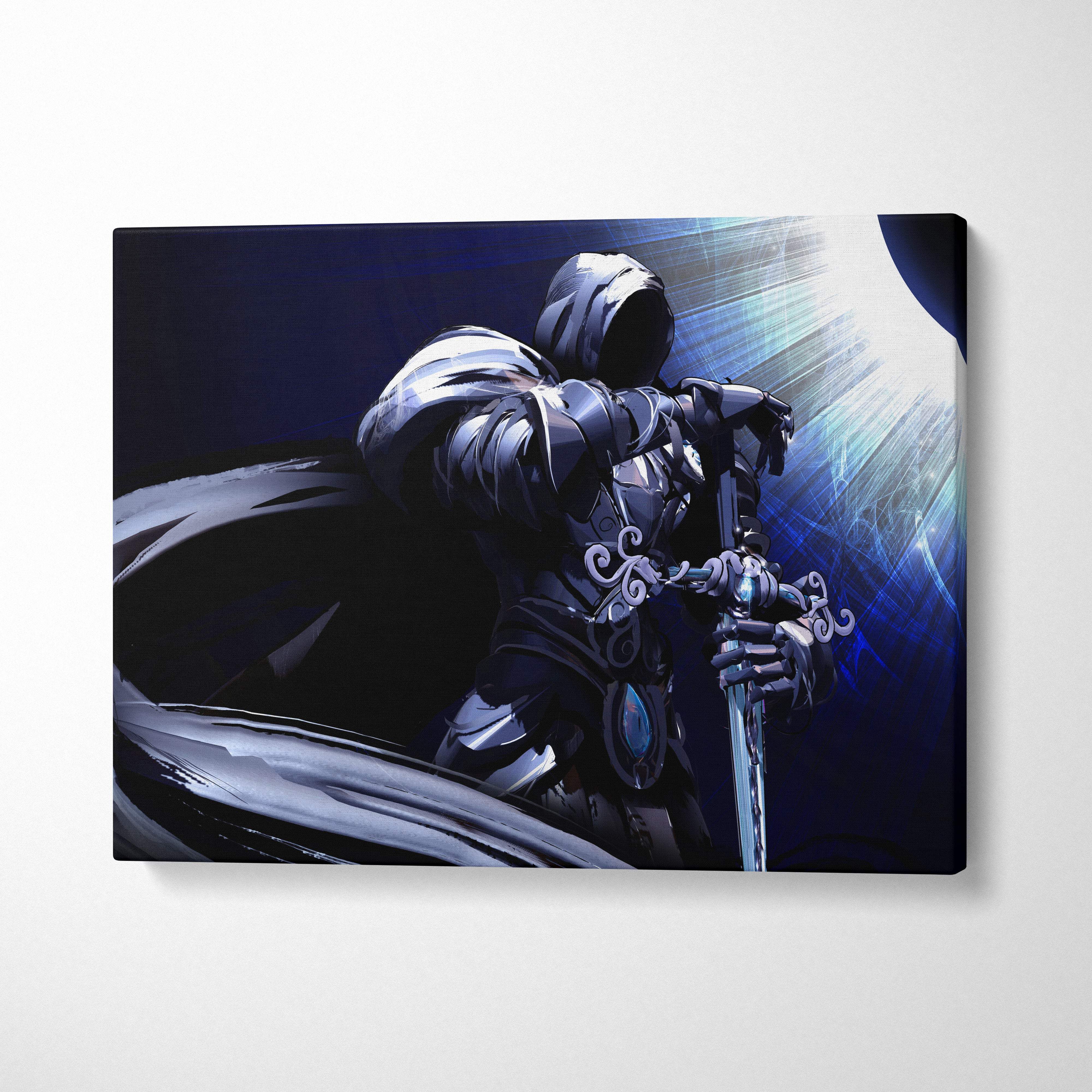 Dark knight eclipse canvas wall art featuring a black and silver armored hooded warrior with a cosmic light burst background