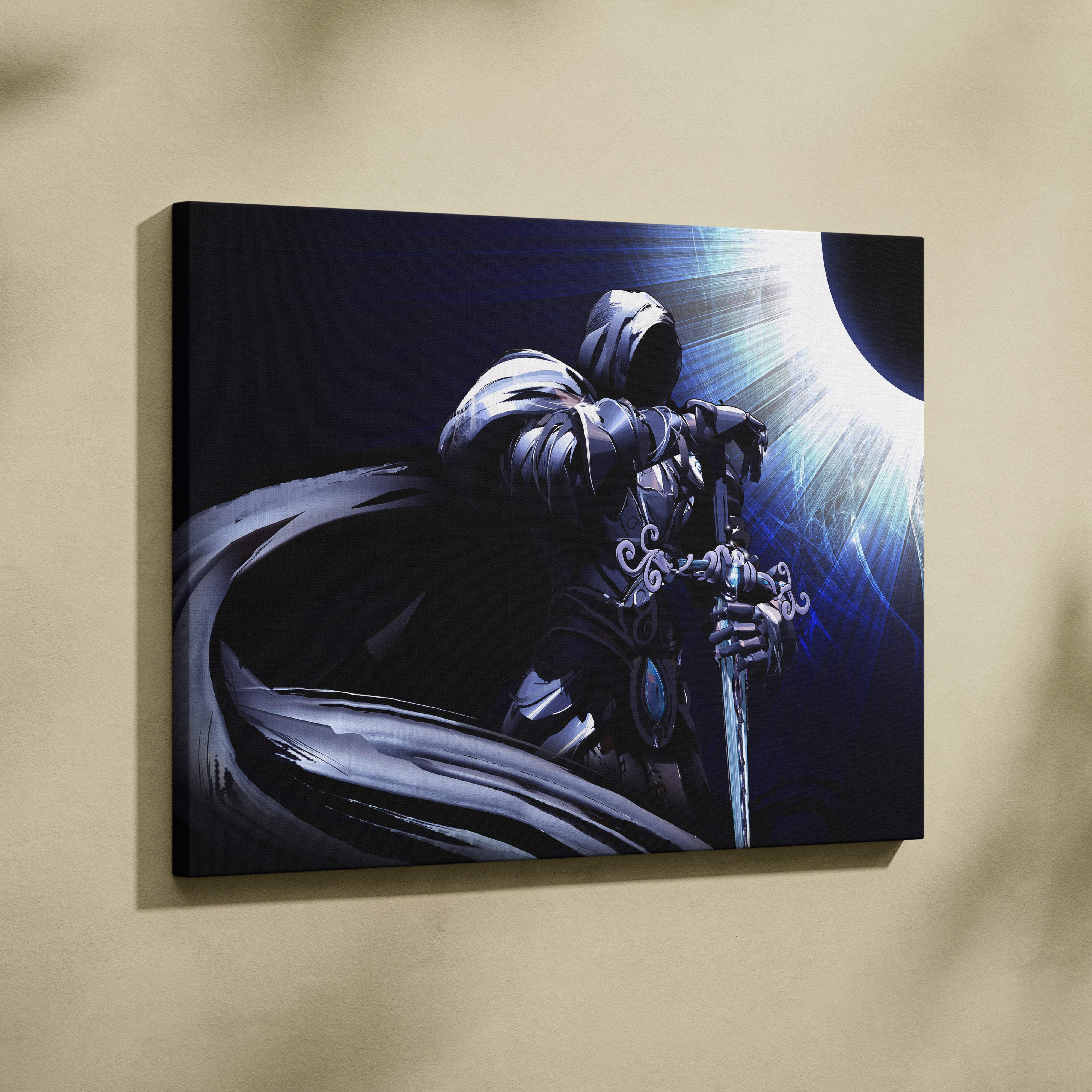 Dark knight eclipse wall art featuring a black and silver armored hooded warrior with ornate sword and cosmic light burst background
