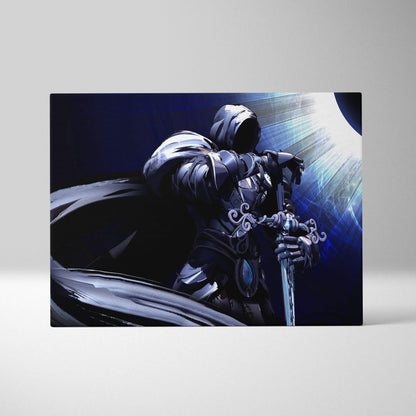 Dark knight eclipse wall art featuring a black and silver armored warrior with ornate sword and cosmic light burst background