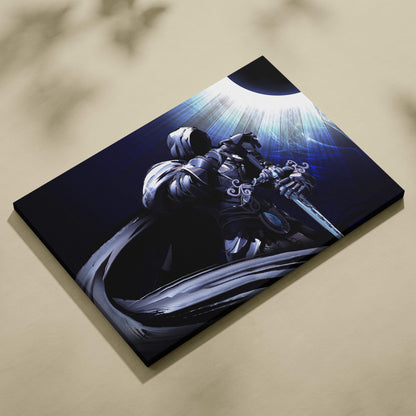 Black canvas print of a hooded knight in ornate armor holding a sword with blue and white cosmic light burst background