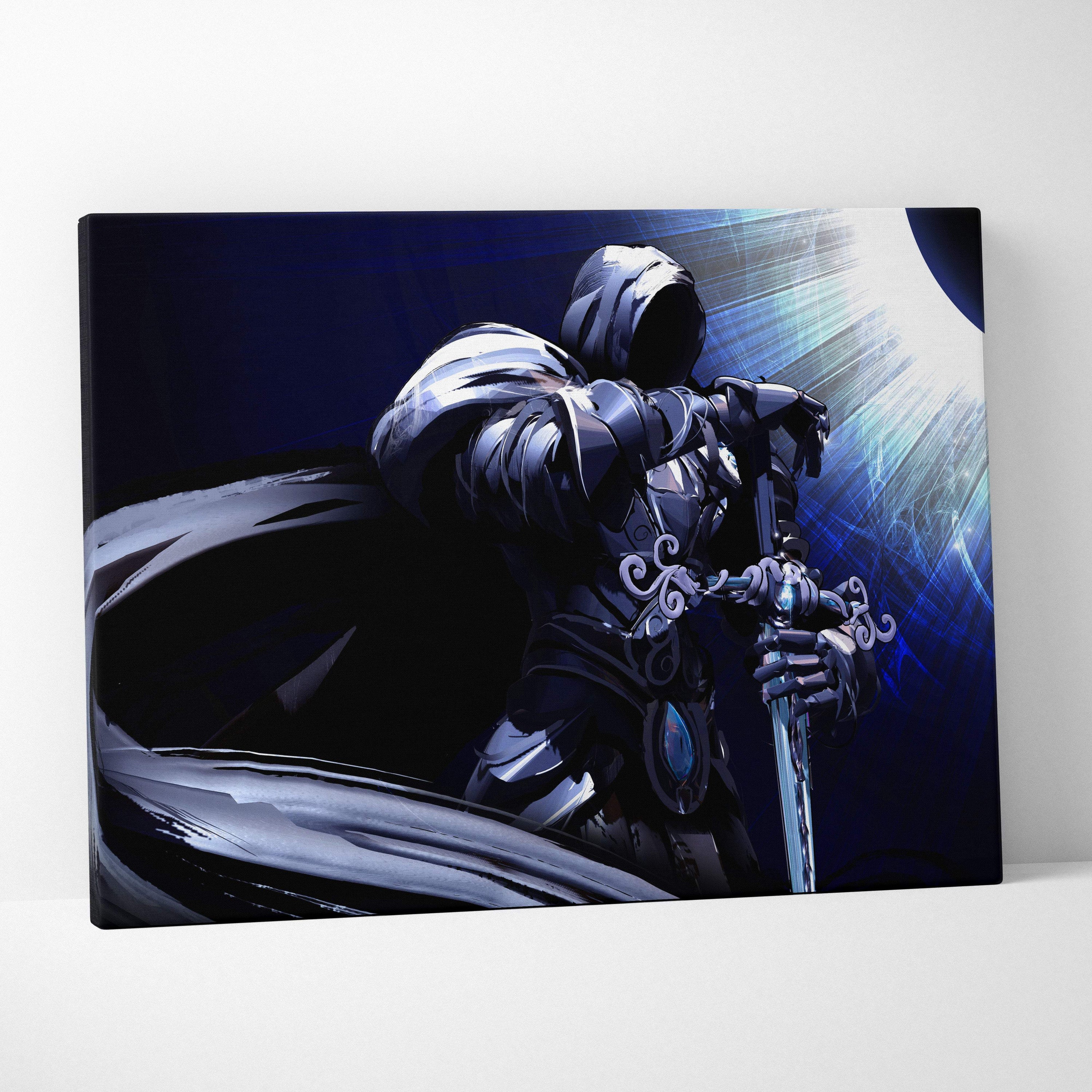 Dark blue and black canvas print featuring a hooded armored figure holding an ornate glowing sword with cosmic light burst background