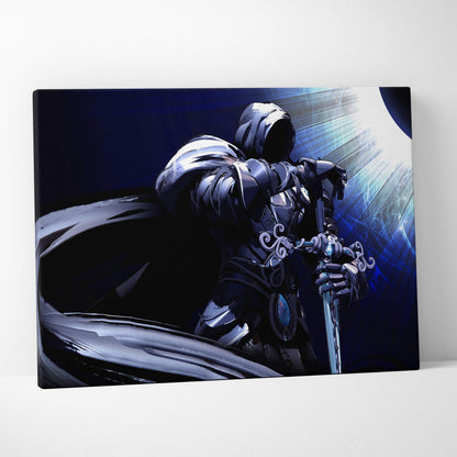 Dark blue and black canvas print featuring a hooded armored figure holding an ornate glowing sword with cosmic light burst background