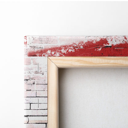 A rustic wooden canvas frame with distressed red and white brick paint in urban samurai graffiti wall art design