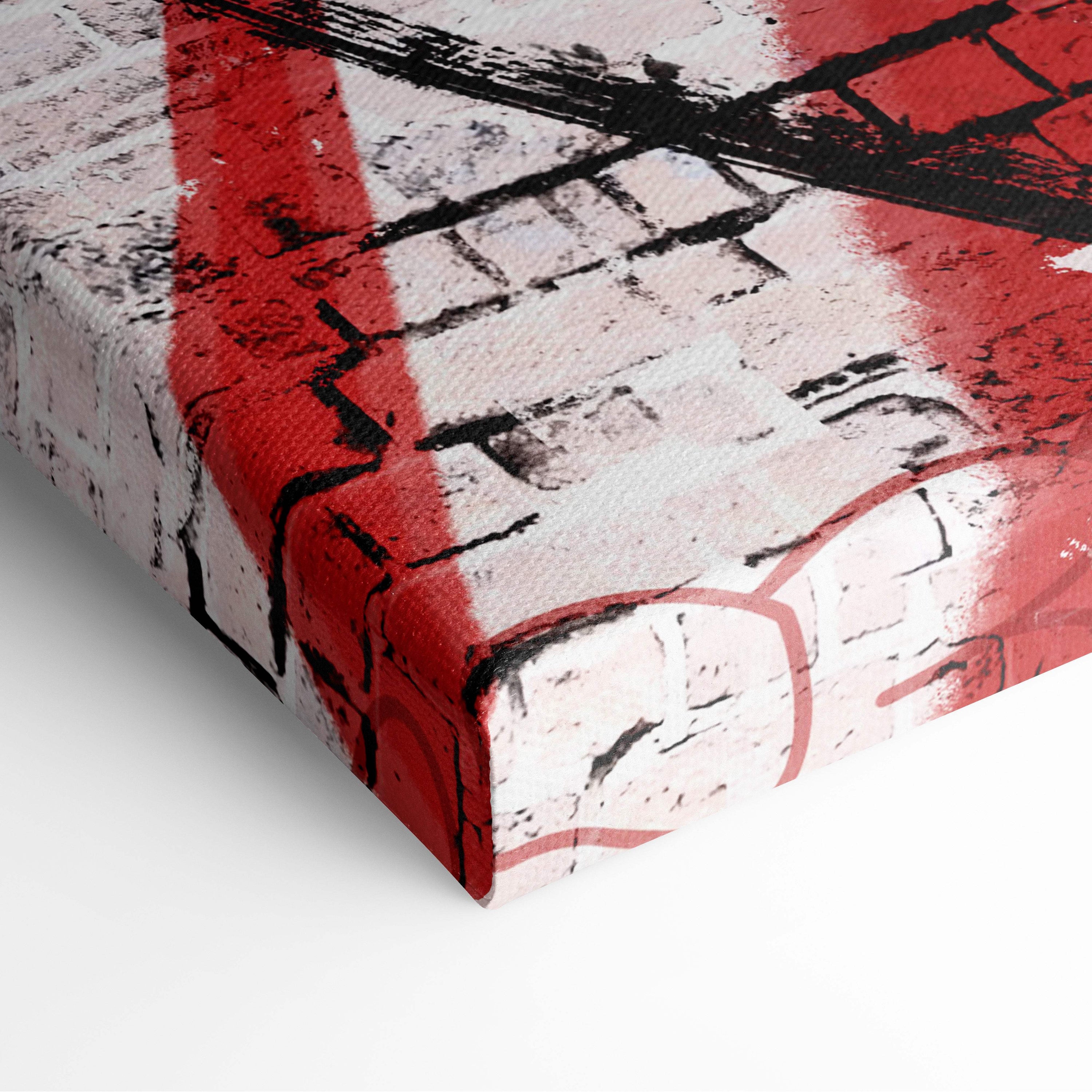 Canvas print of urban samurai graffiti wall art with bold red and black paint strokes on white brick background