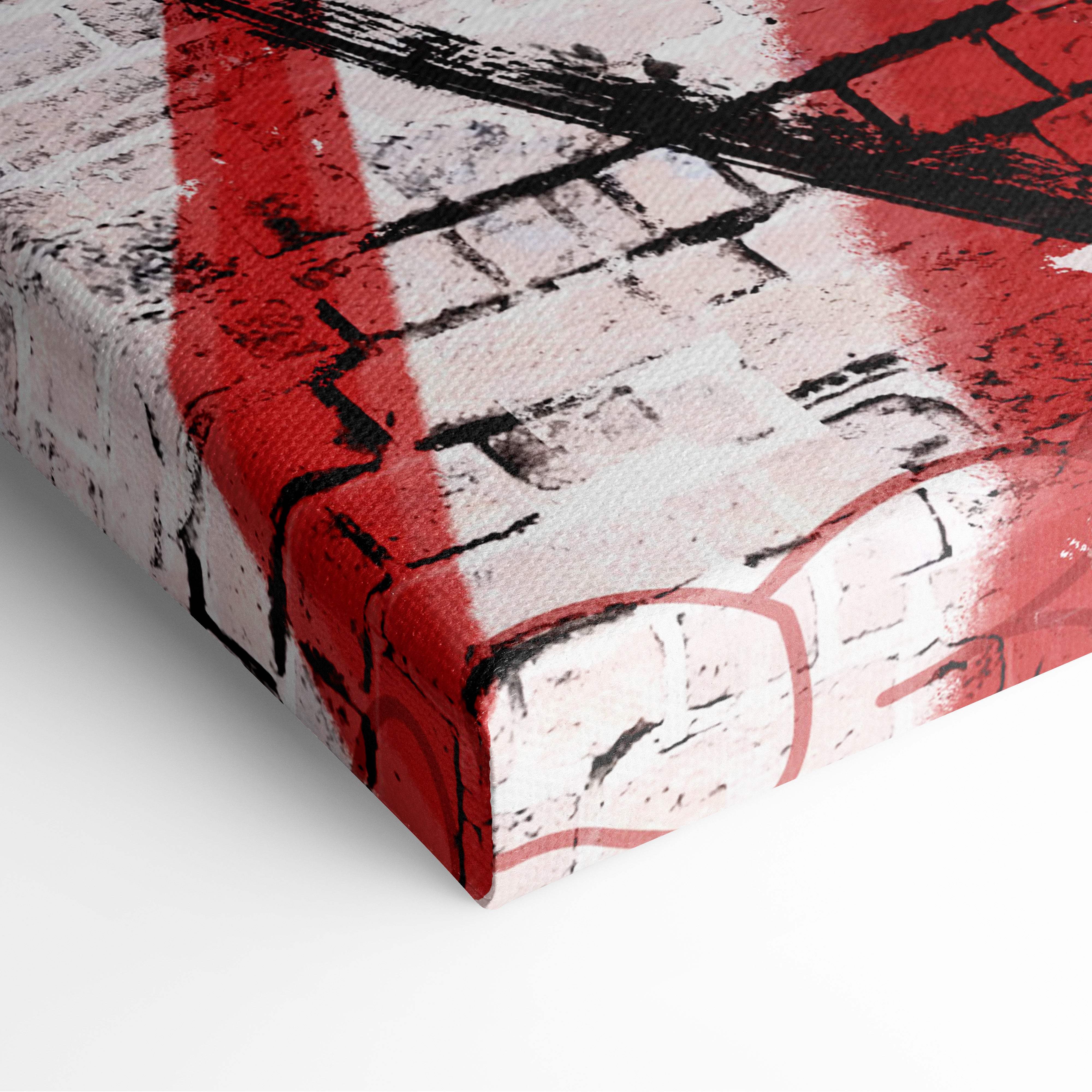 Canvas print of urban samurai graffiti wall art with bold red and black paint strokes on white brick background