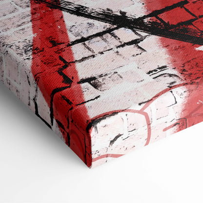 Canvas print of urban samurai graffiti wall art with bold red and black paint strokes on white brick background
