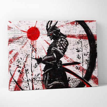 Black armored samurai with red eyes and katana on white brick wall with red splatters in urban samurai graffiti art print