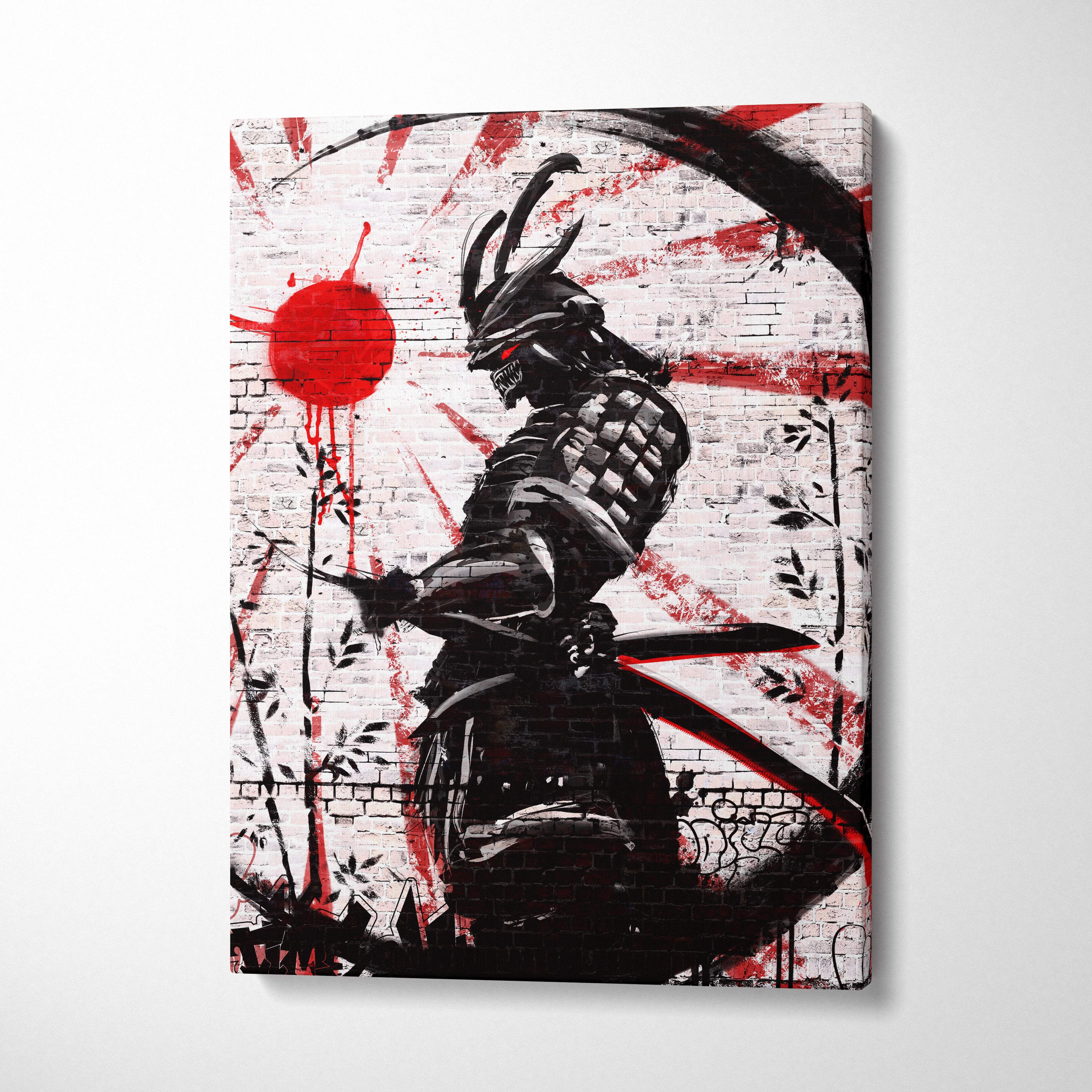 Black and red graffiti-style canvas print of a samurai in armor with katana on white brick wall backdrop