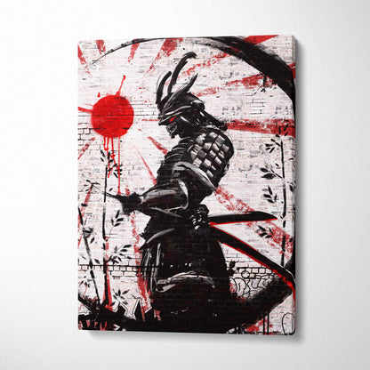 Black and red graffiti-style canvas print of a samurai in armor with katana on white brick wall backdrop