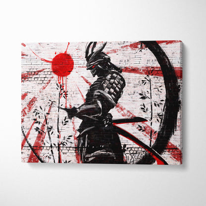 Black and red stylized samurai canvas print with graffiti design and rising sun spray paint background on grunge brick wall