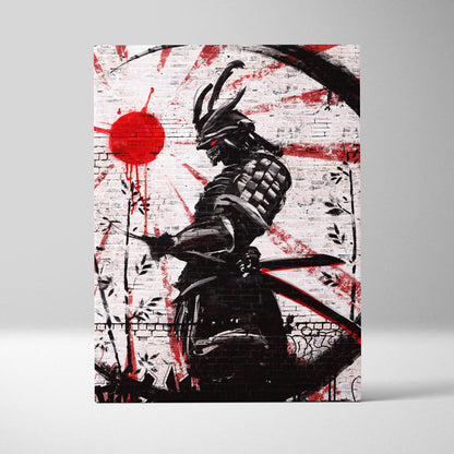 Black samurai warrior in detailed armor with red eyes holding katana against white brick wall with red splatters and sun mural