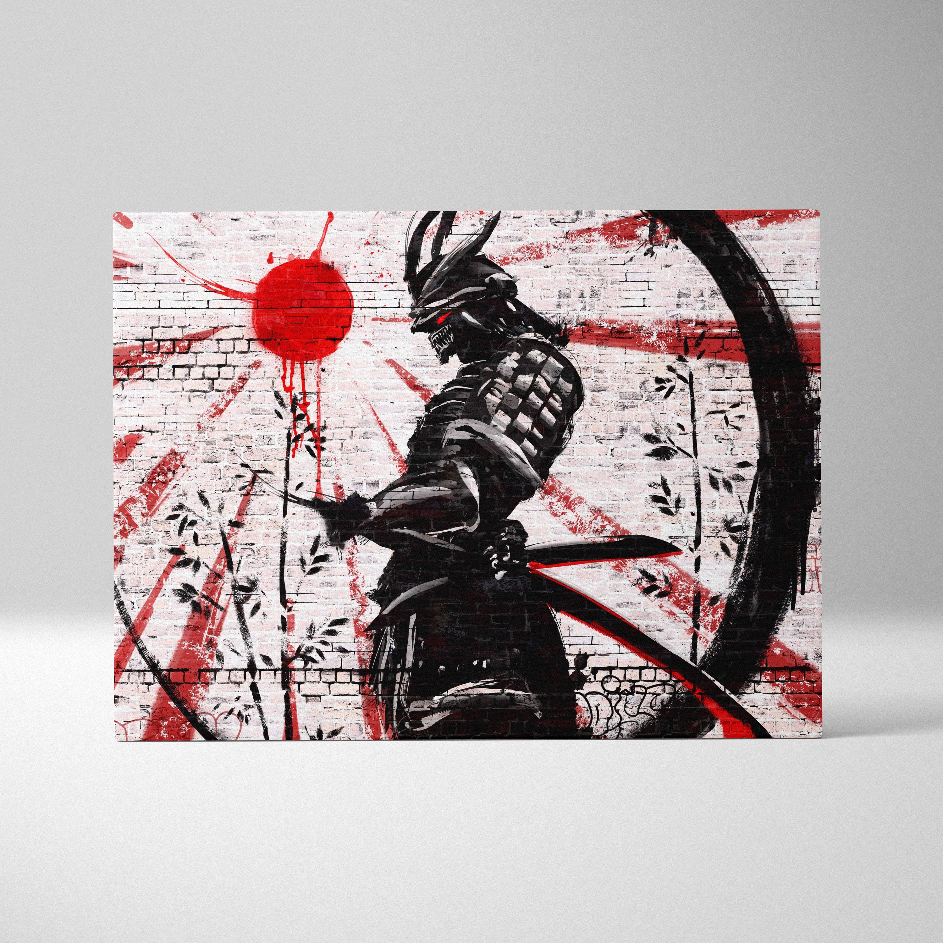 Black and red stylized samurai warrior canvas print with graffiti design and rising sun background for urban wall art