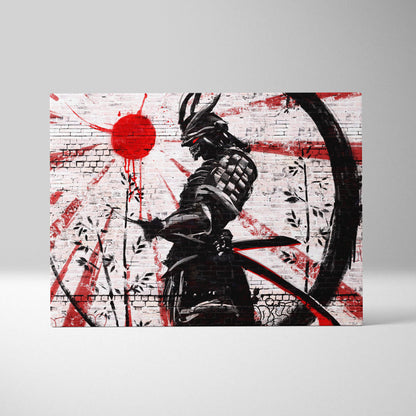 Black and red stylized samurai warrior canvas print with graffiti design and rising sun background for urban wall art
