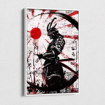 Black and red stylized samurai artwork in a white frame urban samurai graffiti canvas with grunge brick background decor
