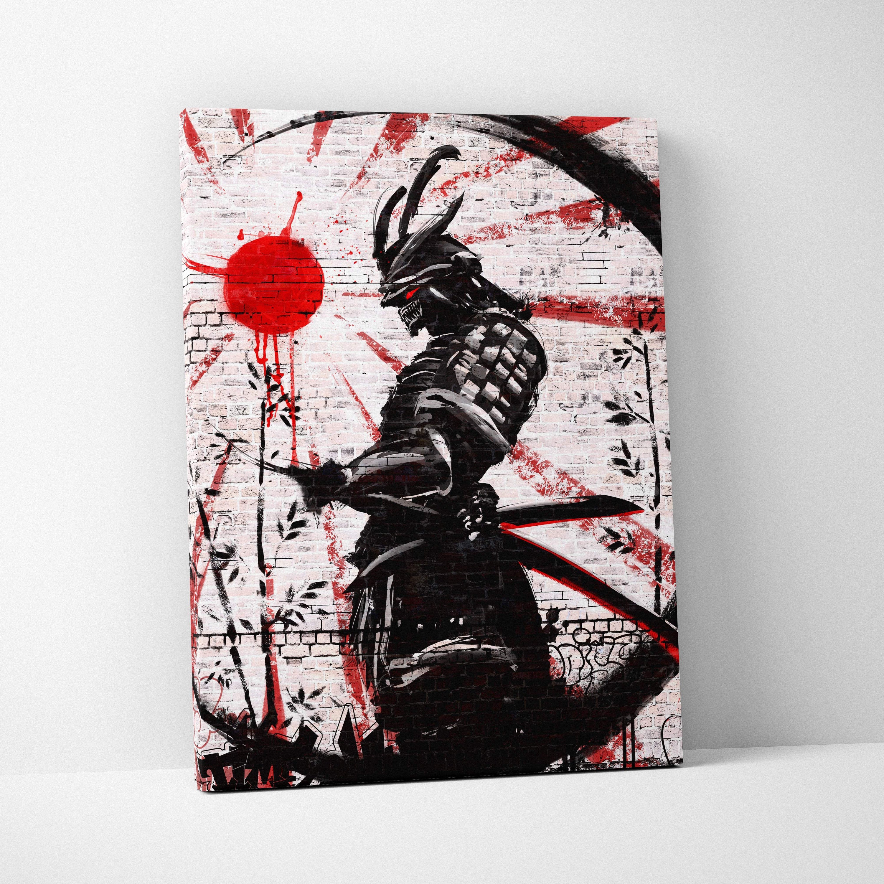 Black and red stylized samurai canvas print with bold graffiti design and grunge brick background wall decor