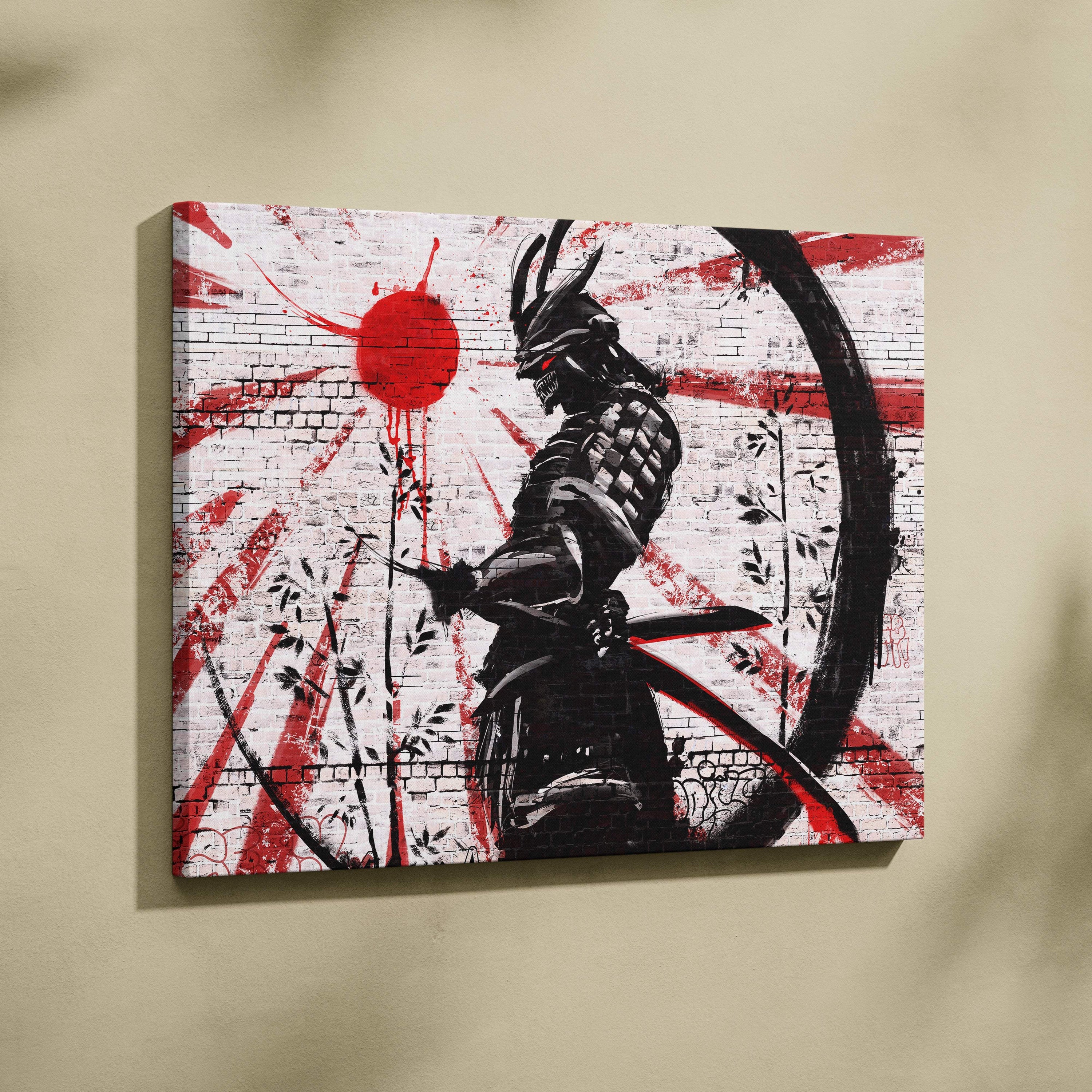 Black and red graffiti-style canvas painting of a samurai in armor with katana on white brick wall background