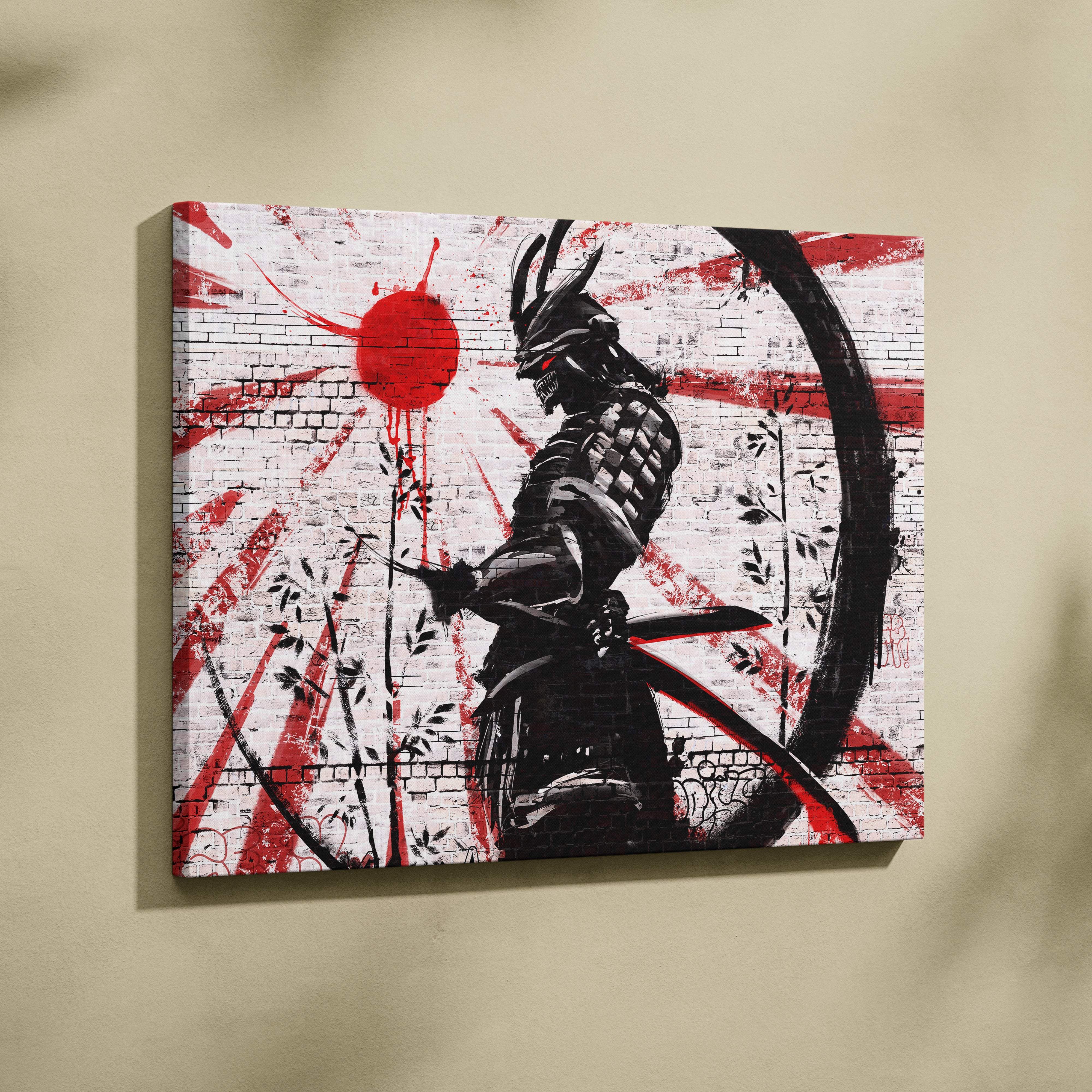 Black and red graffiti-style canvas painting of a samurai in armor with katana on white brick wall background