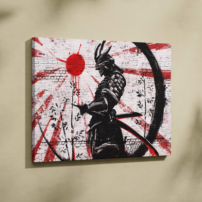 Black and red graffiti-style canvas painting of a samurai in armor with katana on white brick wall background