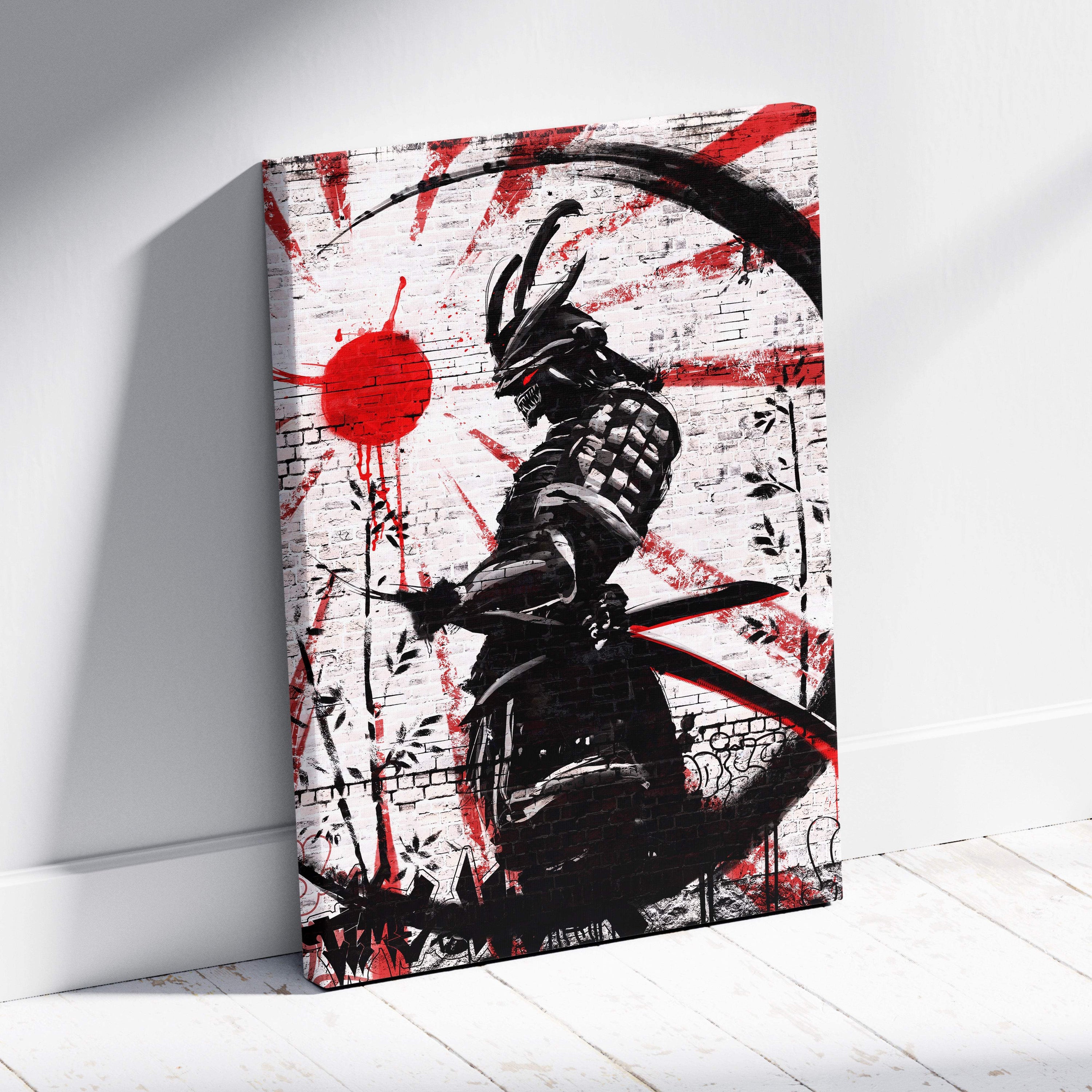 Black and red stylized samurai canvas print with katana on grunge brick wall background urban street art decor