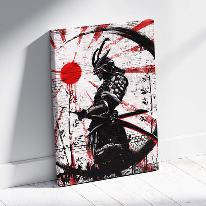 Black and red stylized samurai canvas print with katana on grunge brick wall background urban street art decor