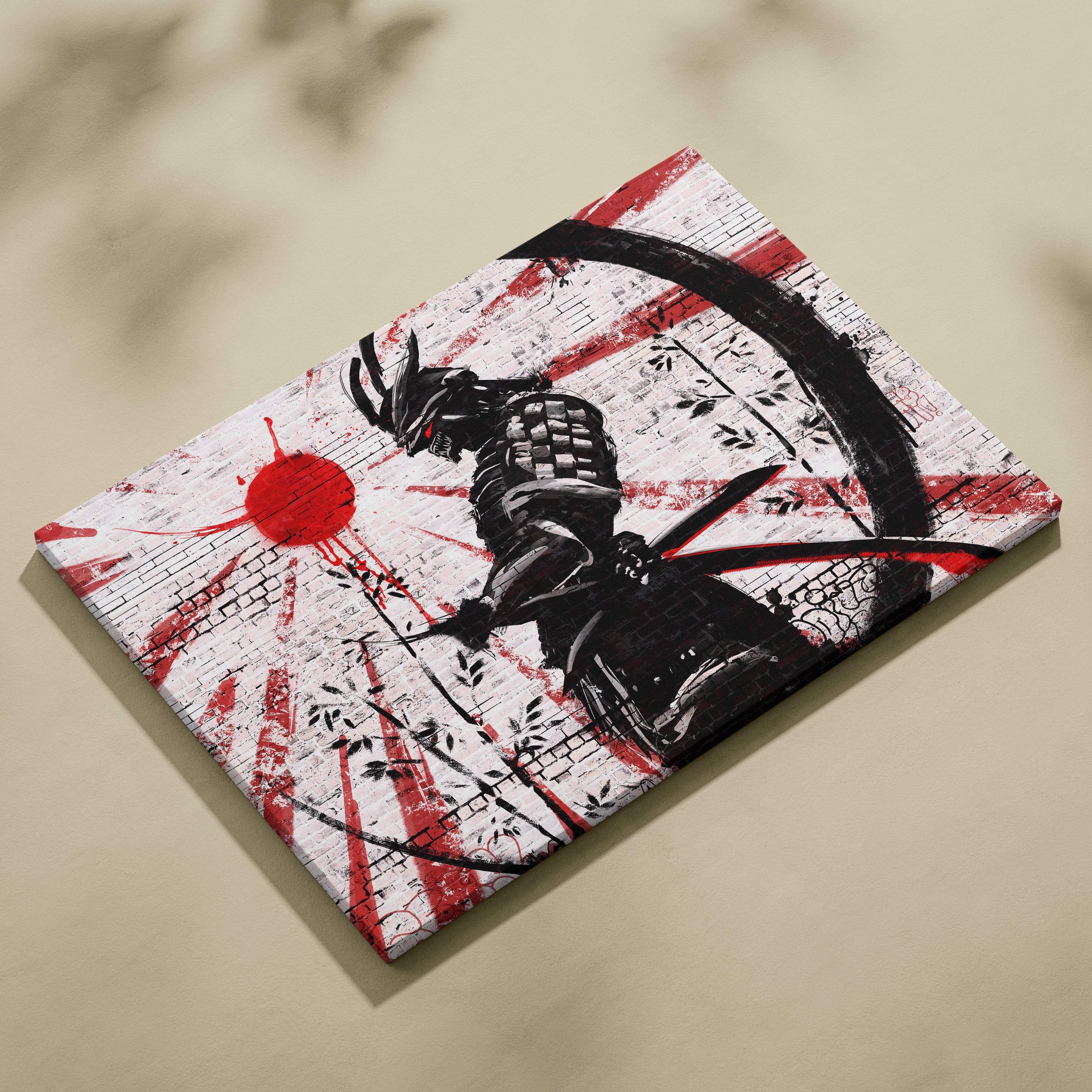 Black and red stylized samurai warrior canvas print with textured white background urban samurai graffiti wall art