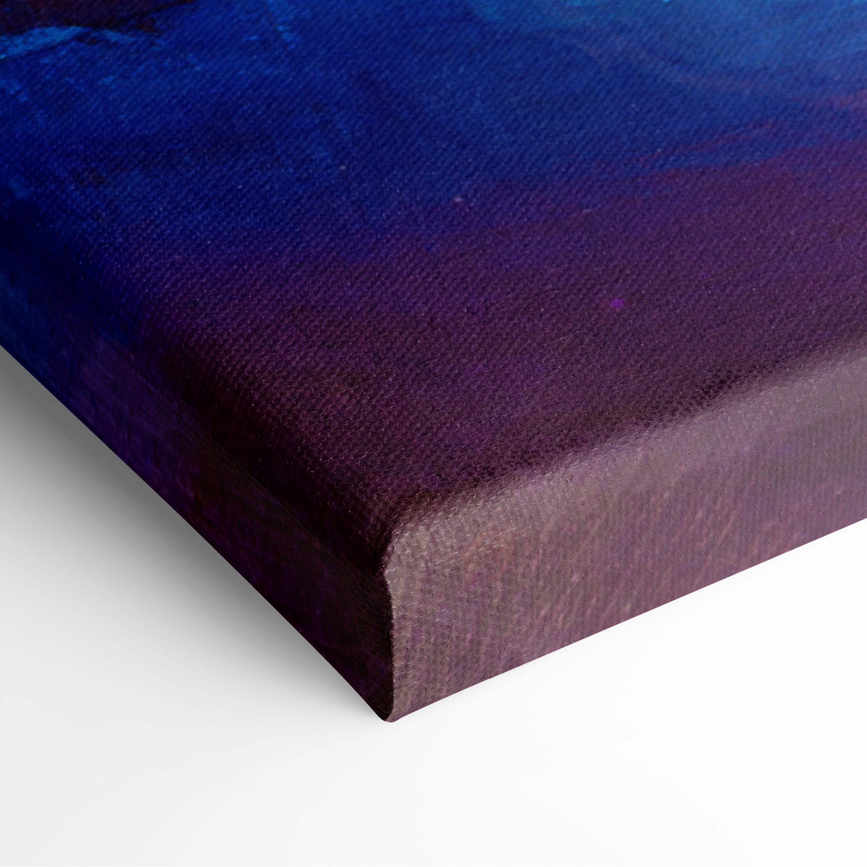 Colorful starry sunset lake canvas print with deep blue to purple gradient textured fabric and sturdy frame wall art