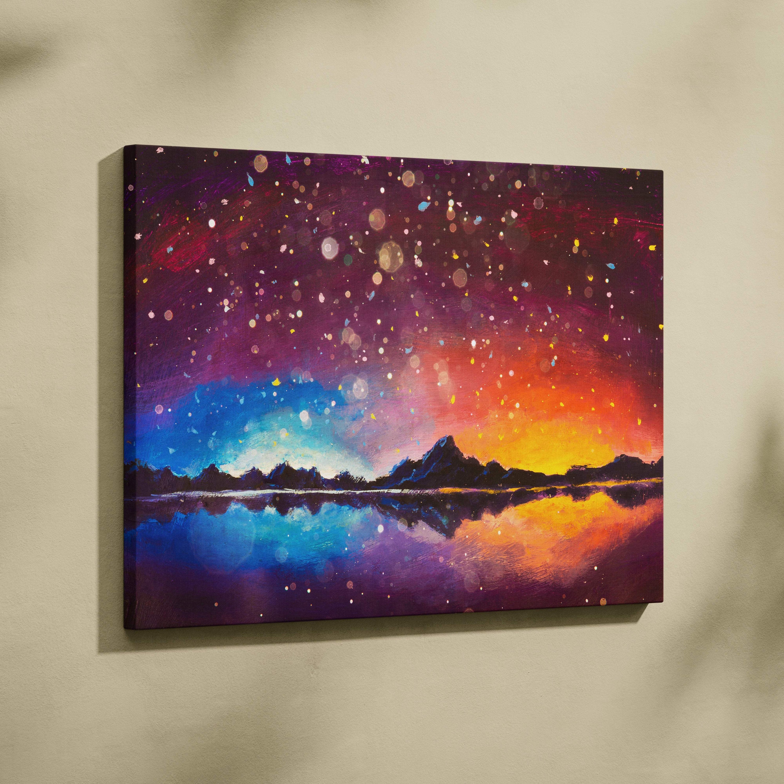 Colorful starry sunset lake painting style vibrant galaxy sky reflection landscape canvas print with purple orange hues