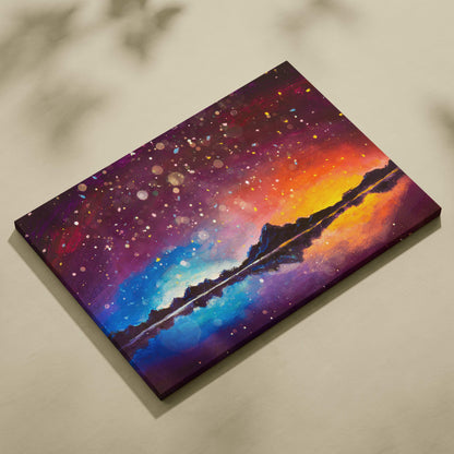 Colorful starry sunset lake canvas print featuring a vibrant galaxy sky reflection in swirling purple orange and blue tones