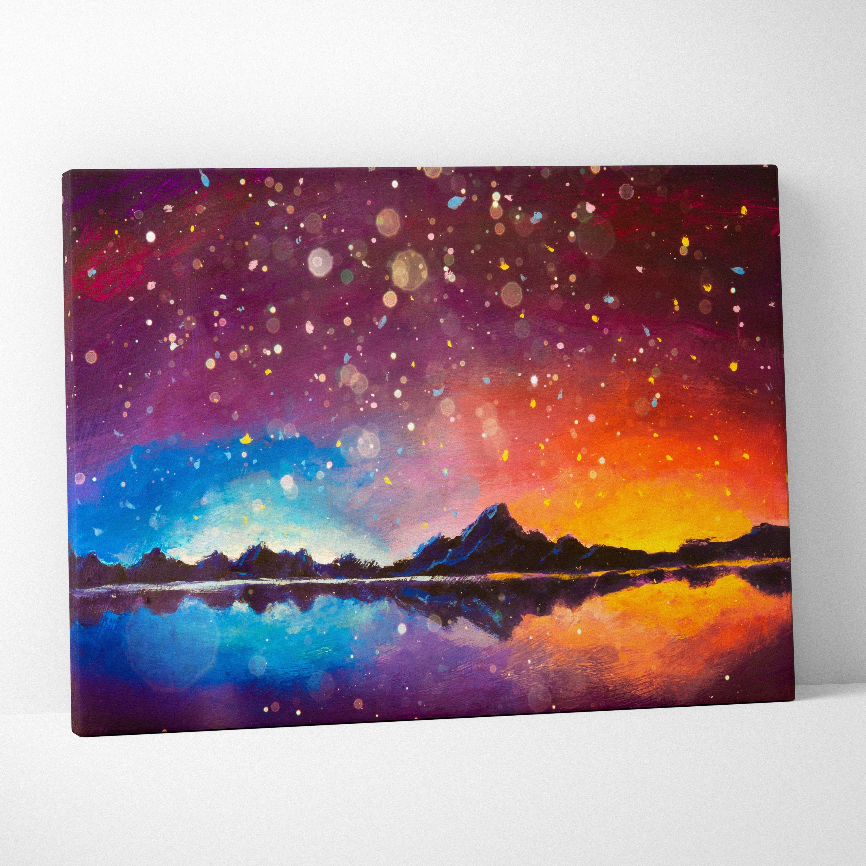 Colorful starry sunset lake painting canvas print featuring vibrant purple orange and blue galaxy sky over mountains reflection