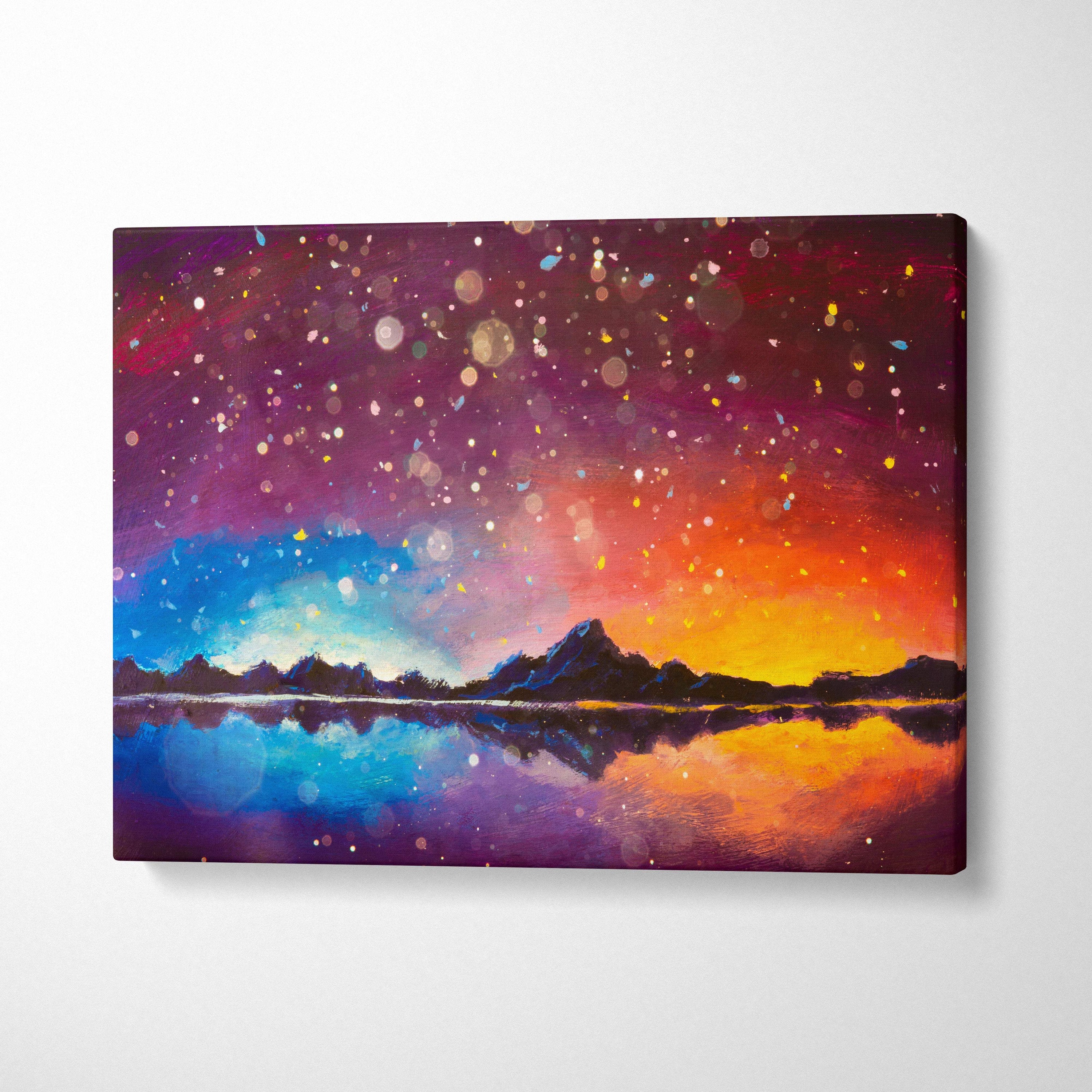 Colorful starry sunset lake painting style wall art featuring vibrant galaxy sky and mountain reflection on canvas print