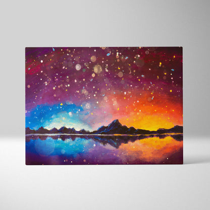 Colorful starry sunset lake painting canvas print featuring vibrant purple orange sky and mountain reflection