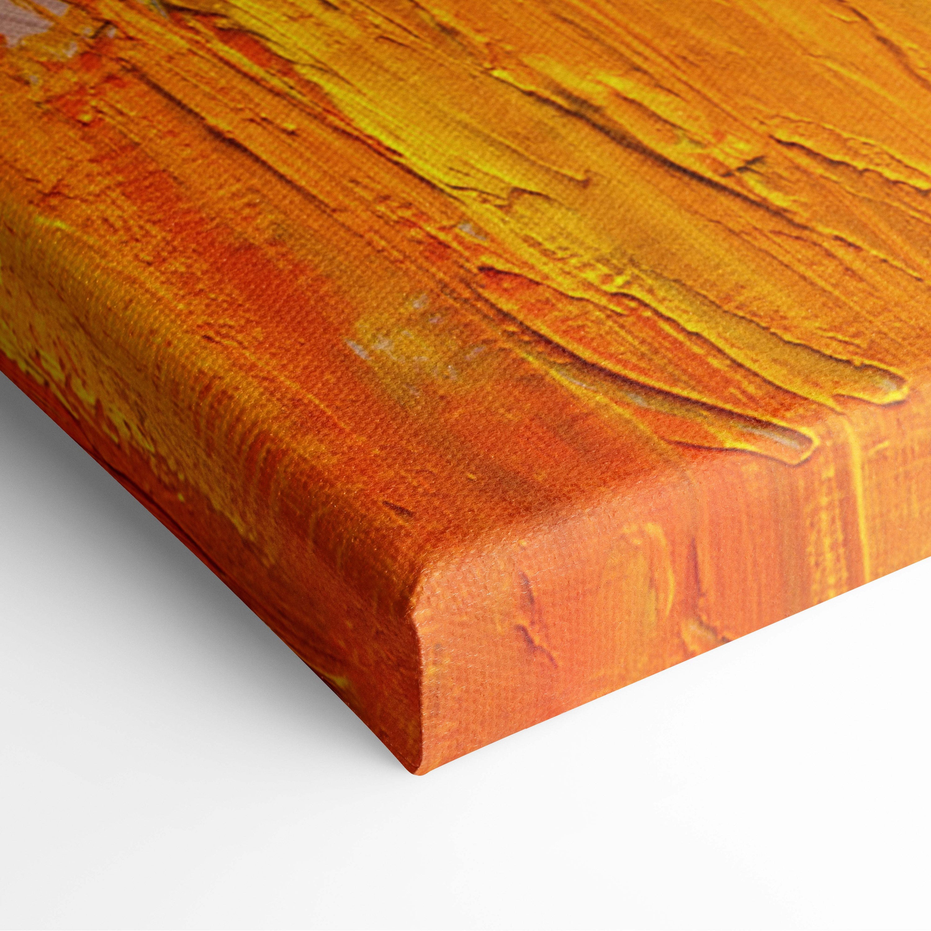A textured canvas print featuring bold warm orange and golden yellow brushstrokes in a colorful abstract nature style