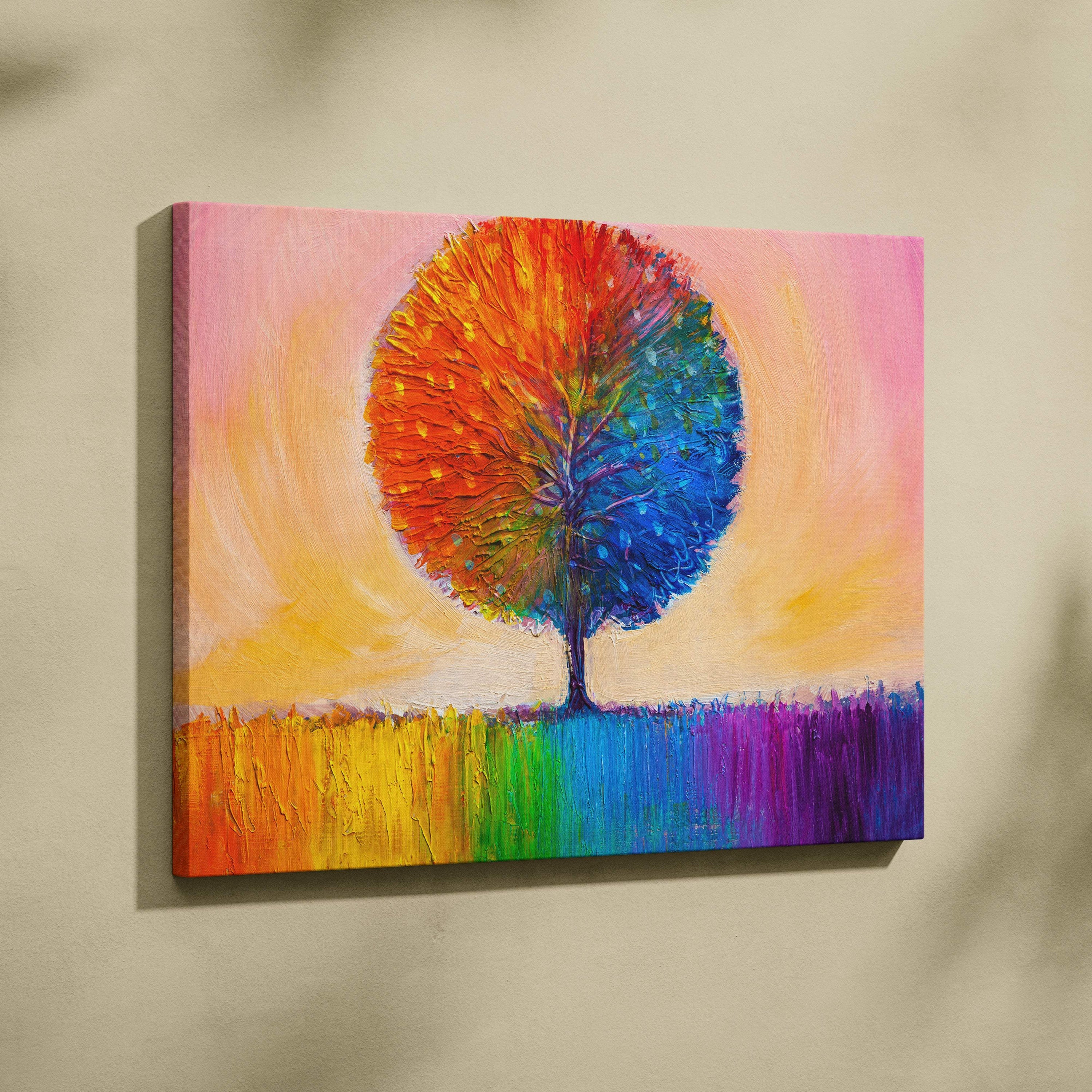 A vibrant textured canvas print of an abstract rainbow tree with fiery orange and deep blue canopy against pink sky