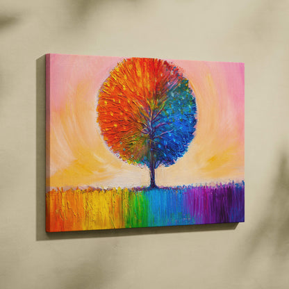 A vibrant textured canvas print of an abstract rainbow tree with fiery orange and deep blue canopy against pink sky