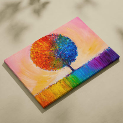 Vibrant rainbow-colored tree painting on textured canvas with gradient background in abstract palette knife style wall art