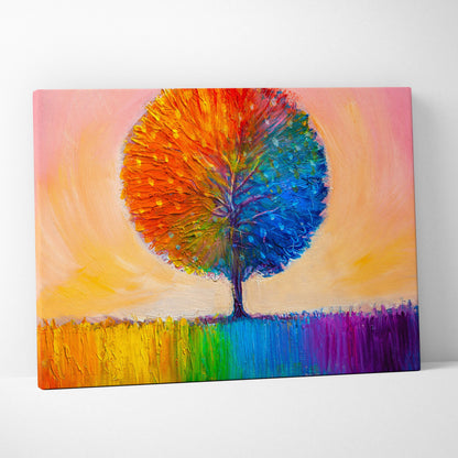 Vibrant abstract rainbow tree canvas print featuring fiery orange and deep blue split canopy with textured nature landscape
