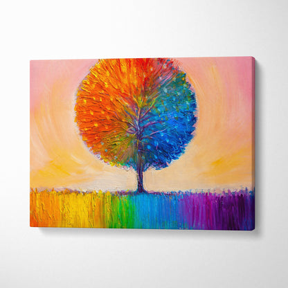 A vibrant textured canvas print of a rainbow tree with colorful canopy and matching ground in palette knife style