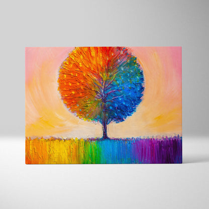 Rainbow tree painting style wall art with vibrant orange and blue abstract canopy on pink and yellow sky canvas print