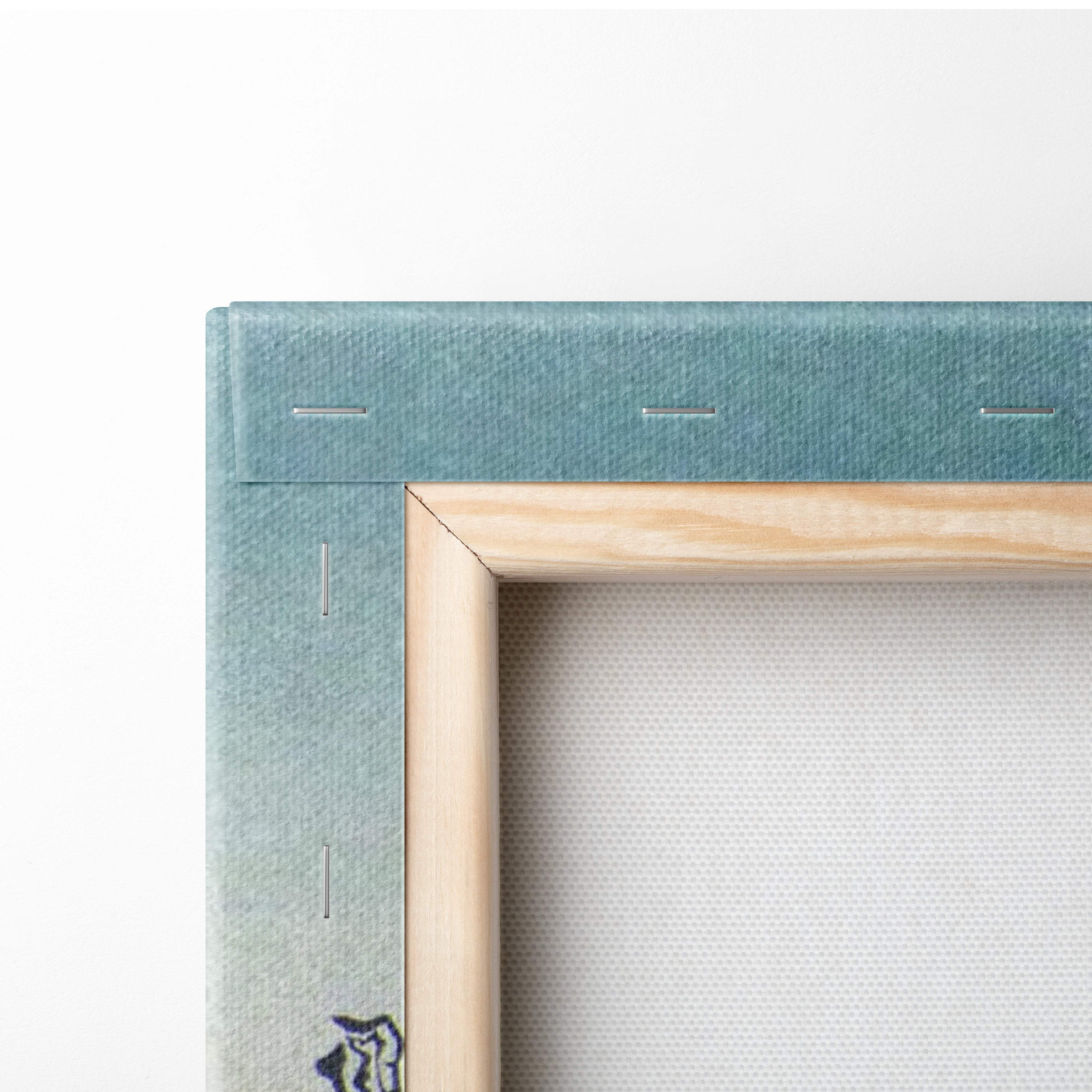 Japanese fishermen canvas wall art with teal canvas stretched over a light wood frame for peaceful ocean decor